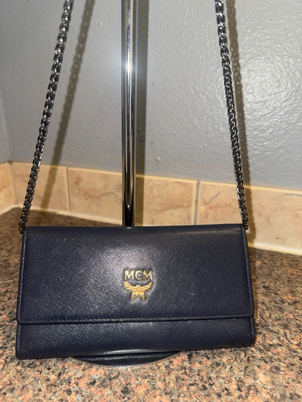 MCM Navy Blue Leather Wallet on chain EUC - Picture 2 of 11